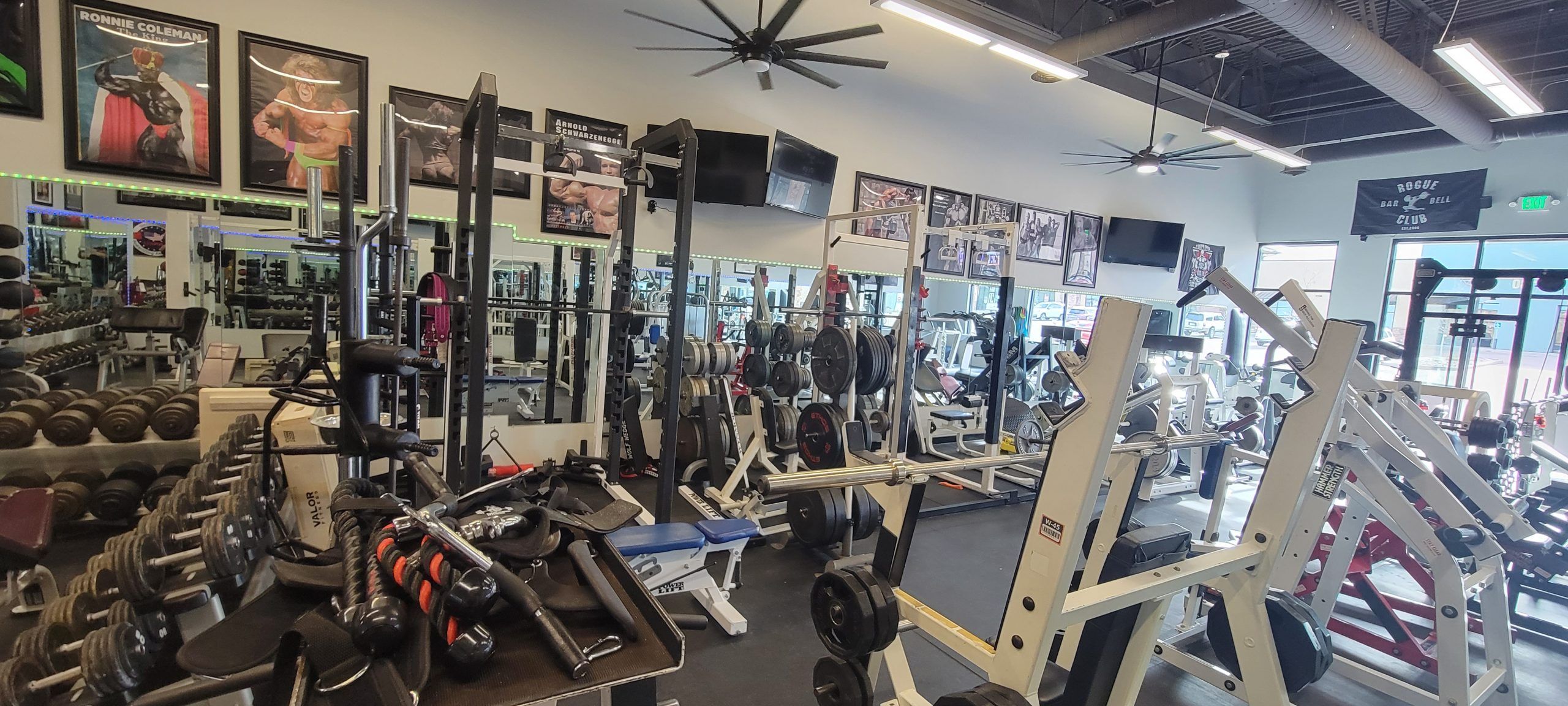 Power racks, a hack squat and plate-loaded machines lined up along the gym floor