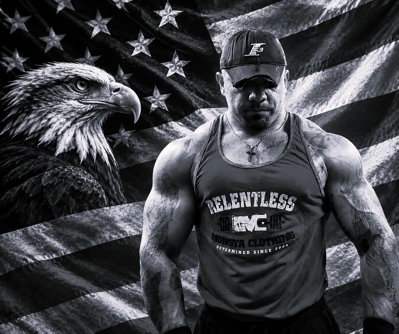 Black-and-white portrait of owner Shane Dickey in a tank top and cap, in front of an American flag and a bald eagle